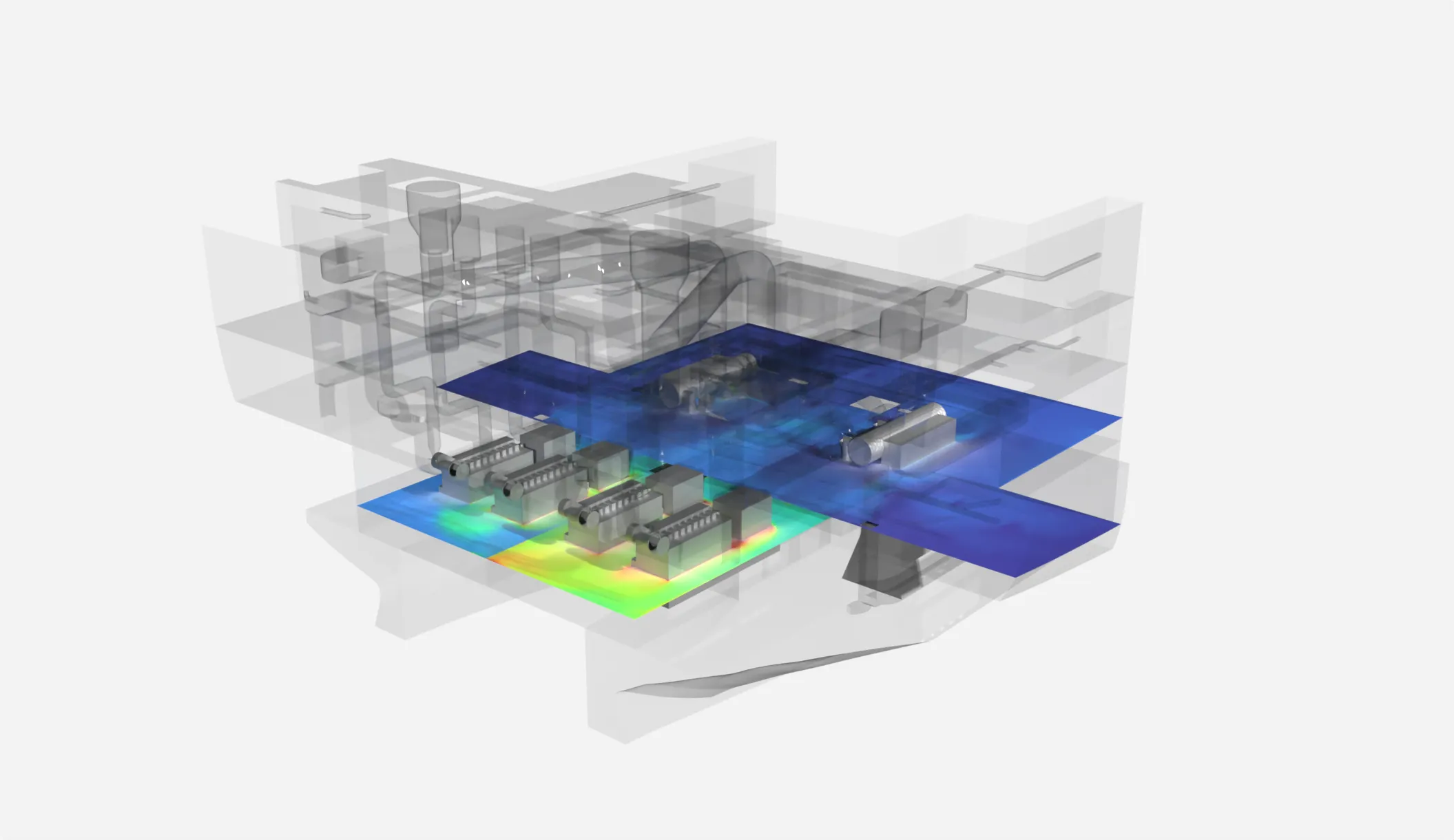 Figure 3: Temperature Field at a Horizontal Plane through the Engine and Genset Rooms for the Proposed Solution by Novenco Marine & Offshore.